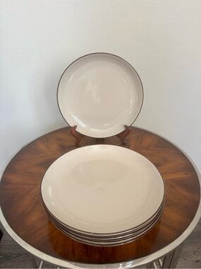 5 Over & Back Stoneware Dinner Plates 10” Gres Color  beige with brown rim
